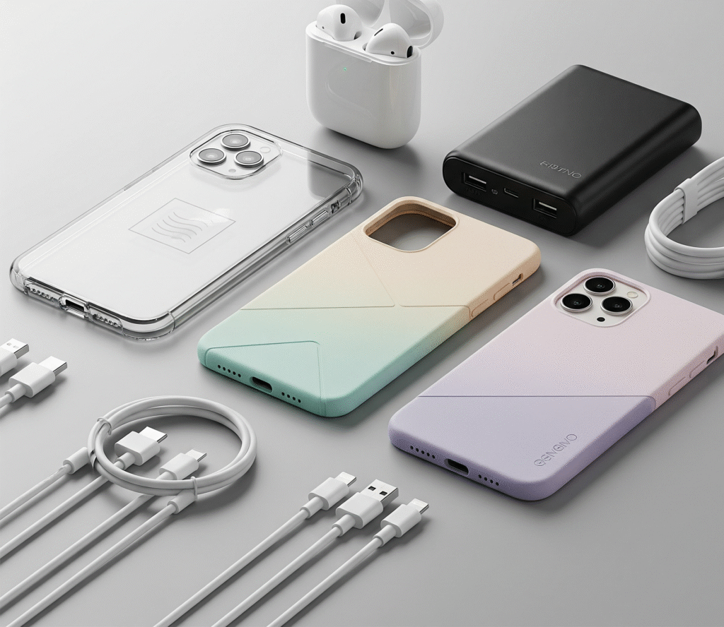Variedad de accesorios para celular al por mayor en IP One: fundas protectoras transparentes y de diseño, auriculares inalámbricos, cargador portátil power bank y cables de carga USB.